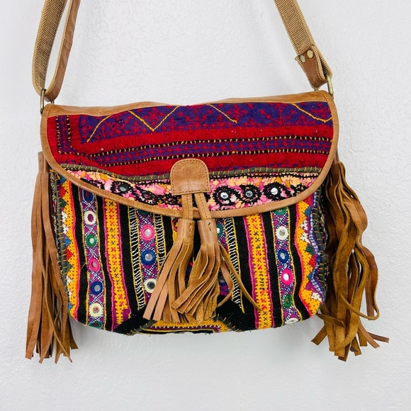 Brown Leather Fringe BOHO Embroidered Western Pattern Crossbody Flap Bag - Picture 2 of 15